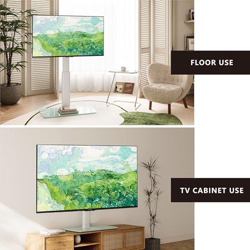 Image of FITUEYES Universal TV Stand, Swivel TV Table Stand for 43 50-65 70 75 80 85Inch Flat Screen, Table Top TV Stand Base Replacement, Height Adjustable TV Mount Stand, Glass Base, Max Holds 110lbs