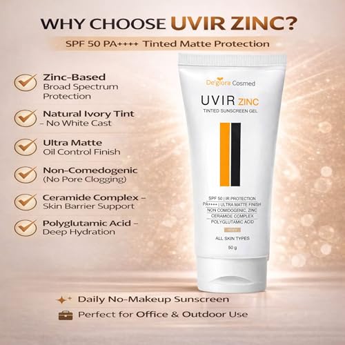 Image of UVIR Zinc Tinted Sunscreen Gel SPF 50 PA++++ | Broad Spectrum UVA UVB Protection | Ultra Matte Oil Control | Zinc Oxide Face Sunscreen for Oily & Acne-Prone Skin | No White Cast | Ivory Tint | 50 g