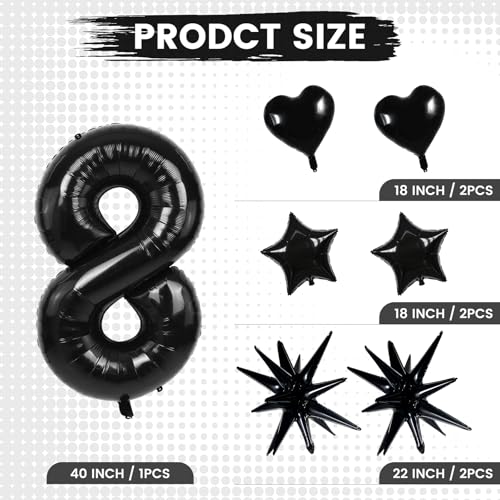 Image of TONIFUL 8th Birthday Balloons Kit 40 Inch Black Large Number 8 Foil Balloon | with 18Inch Helium Mylar Heart Star Balloons for Kids Women Men Birthday Anniversary Graduation New Year Eve Party Decoration