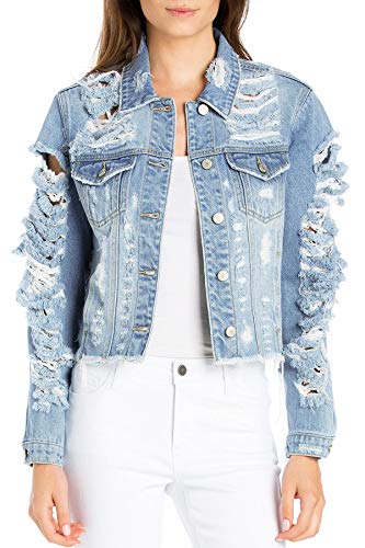 Cello Jeans Women's Juniors Heavy Distressed & Ripped Jean Jacket (M, Distressed LDN)