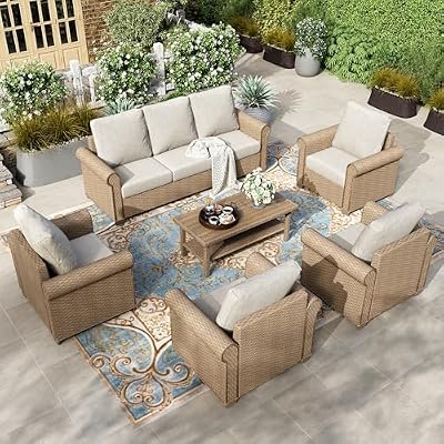 HERA'S HOUSE 6 Pieces Patio Furniture Set, Outdoor Rattan Furniture with 5.5" Cushions, All-Weather Outdoor Wicker Sectional Conversation Set for Lawn Garden Backyard, Beige