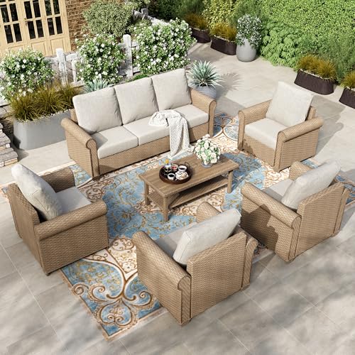 Image of HERA'S HOUSE 6 Pieces Patio Furniture Sets, Outdoor Rattan Furniture with 5.5 inch Cushions, Oversized Outdoor Wicker Sectional Conversation Set for Lawn Garden Backyard, Beige
