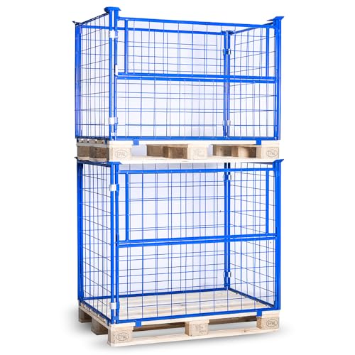 HHL Euro-Gitterbox mit klappe | Gitteraufsatzrahmen H1200 x B1200 x L800mm für aufbewahrung| Faltbarer Gitterrahmen für Euro-palette | Gitterbehälter aus Stahl | Gitterboxen für Holz, Lager | Blau