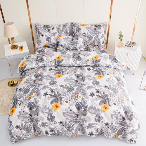 KUMY Juego de Funda Nórdica 5 Piezas: Funda nórdica,2 Fundas de Almohada, Funda de Cojín y Sábana Bajera- Estilo y Comodidad Total (Hojas, Cama 90x190/200 + 150x220 + 2*(50x70) + 30x50)