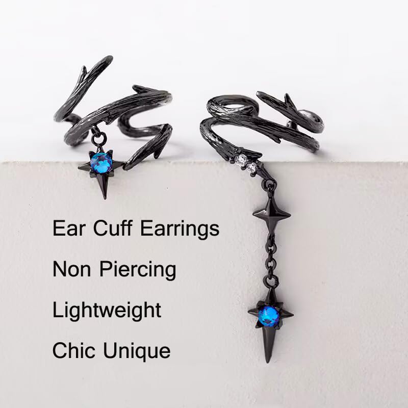 Goth Ear Cuff Earrings For Women Non Piercing Black Cross Chain Dangle Blue Cubic Zirconia Thorns Ear Bone Clip On Climber Cartilage Crawler Vintage Gothic Earring Cuffs And Wraps For Ears4