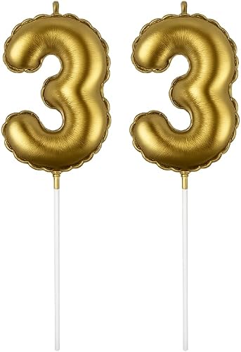 Pack of 2 Candle Birthday Balloons – Gold Number 3, 5cm | Mini Party Balloons for Cake Decorations, Birthdays & Celebrations