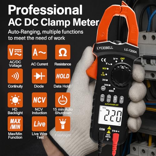 LYCEBELL 7200A Digitales Stromzangenmessgerät True RMS 600V 400A AC/DC Auto-Range Multimeter, NCV Berührungsloser Spannungsprüfer Zangenstrommesser mit Datenspeicher für Elektriker & Heimgebrauch