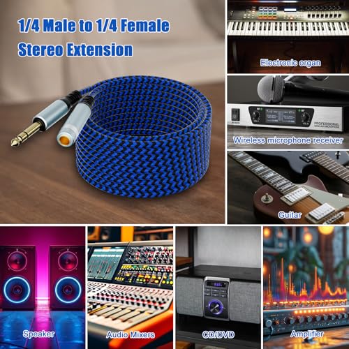 6' TRS Male To Female 1/4" 6.35mm Stereo Audio Extension Cable (Blue/ Black) - image 3