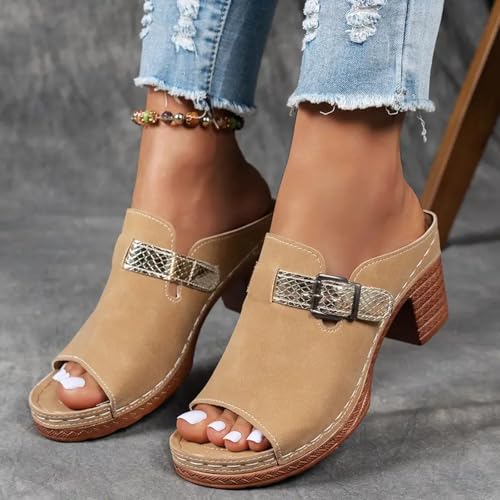 ZSpzx Women Chunky Heels Sandals 2025,Fashion Ladies Dress Slip-On Beach Vacation Slippers Comfortable Non-Slip Walking Footwear Summer Arch Support Peep Toe Casual Shoe Indoor/Outdoor Daily Wear2