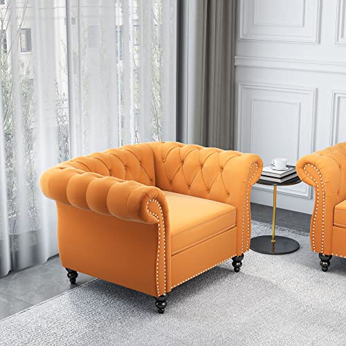 Image of ORRD Chesterfield Chair, Modern Velvet Tufted Accent Sofa Couch Chair with Scroll Arms and Nailhead for Living Room, Bedroom, Office, Apartment (Mango)