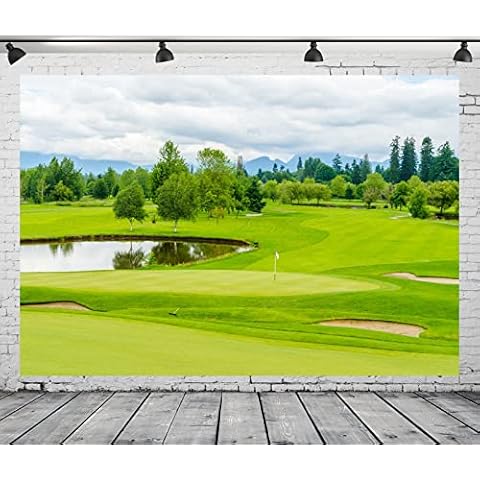 Loccor Fabric 15x8ft Golf Course Backdrop Blue Sky White Clouds Green Grass Trees Lawn Pond Photography Background Golf Sports Party Decorations Holiday Vacation Birthday Banner Photo Studio Props Cover