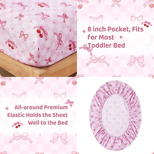 Image of lasoftan Toddler Bedding Set, Toddler Bed Comforter Sets for Girls, Toddler Bed Set, Pink Cherry Printed