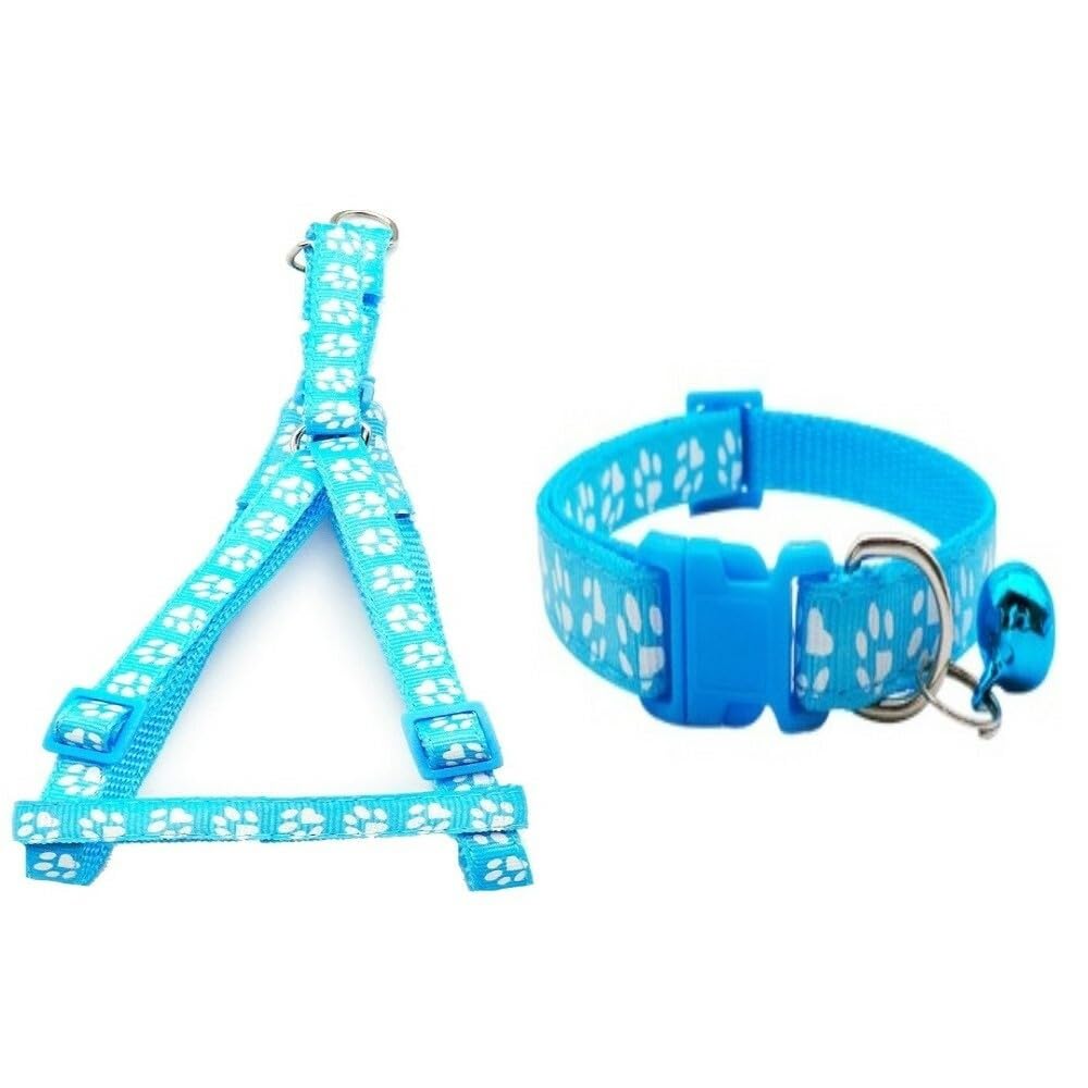 Small Dog Puppy Pet Collar and Harness Set Pawprint Design Nylon Adjustable Neck Size 19-32cm and Chest Size 21-34cm Light Blue - Image 2