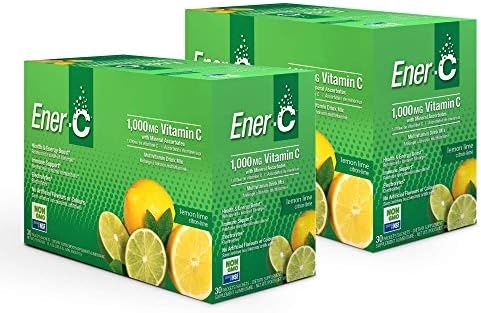 Ener-C Lemon Lime Multivitamin Drink Mix, 1000mg Vitamin C, Non-GMO, Vegan, Real Fruit Juice Powders, Natural Immunity Support, Electrolytes, Gluten Free, 30 Count (Pack of 2)