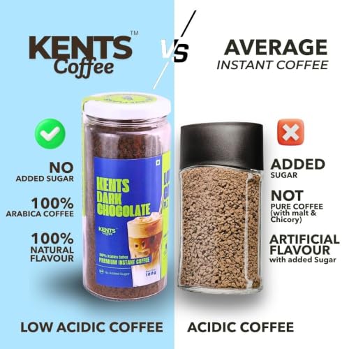 Image of Kents Coffee Dark Chocolate Instant Coffee | 100% Arabica with Natural Flavour | No Added Sugar & LOW ACIDIC COFFEE | Rich Mocha Taste | Perfect for Hot Mocha & Iced Choco-Latte | 100g Jar