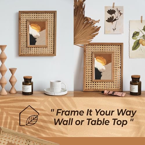Image of Ikari Homes Premium Teak Wood & Rattan Photo Frame | Handcrafted Boho Woven Cane Picture Frame for Tabletop & Wall Hanging | Natural Rustic Home Decor for Living Room Bedroom (Brown Finish)
