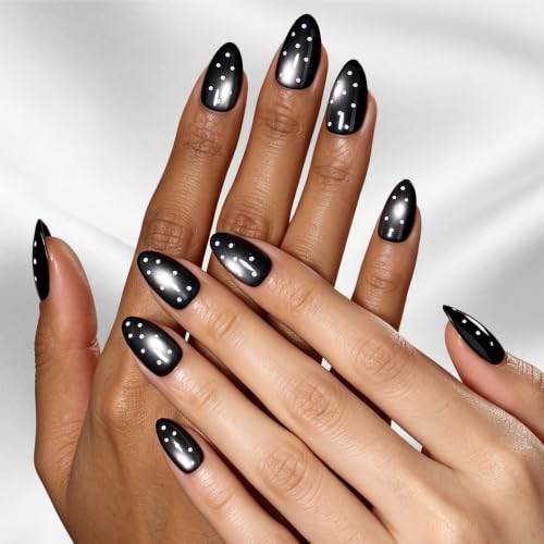 Image of Beetles Black Cat Eye Press On Nails Short Almond, 32 PCS, White Polka Dots | Halloween 16 Sizes Salon-Look Cat Eye Nails, Glue and Adhesive Tabs Included, Ready in 10 Minutes, All-in-One Complete Kit