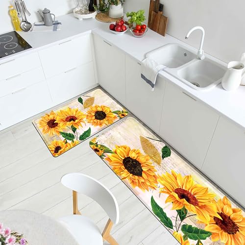 Qahing Sunflower Kitchen Rugs Decor Set Of 2 Anti Fatigue Yellow Vintage Floral Farmhouse Non-Skid Kitchen Floor Mats Comfort Standing Mat Waterproof Sink Carpet thumb #3