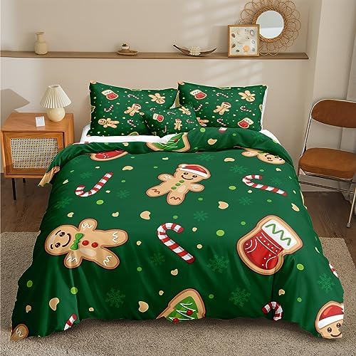 Herside Christmas Duvet Cover Queen Size Bedding Set Xmas Snowflakes Gingerbread Man Design Cute Christmas Bedding Set for Boys Girls with Zipper Closure(Green,Queen)
