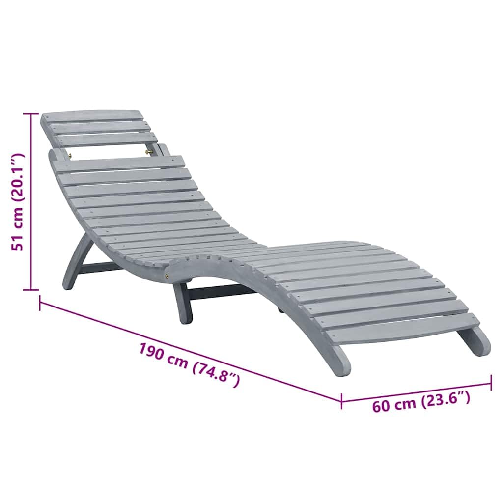 Leżak do opalania z nakładką, szary, wykonany z litego drewna akacjowego, składany i regulowany, do ogrodu, na taras, balkon, basen, plażę, kemping, wellness, relaks, zajmuje mało miejsca i