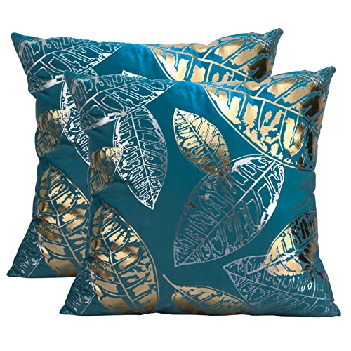 Idocolors Housses de Coussin en Velours Lot de 2 Douces et élégantes Taie d'oreiller avec Motif de Feuille pour Canapé 45x45 cm Bleu Foncé