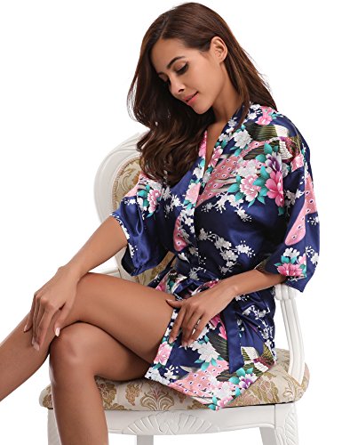 Aibrou Women's Kimono Robe Satin Peacock Bathrobe Short Silk Bridal Robe Dark Blue - Thumbnail 3
