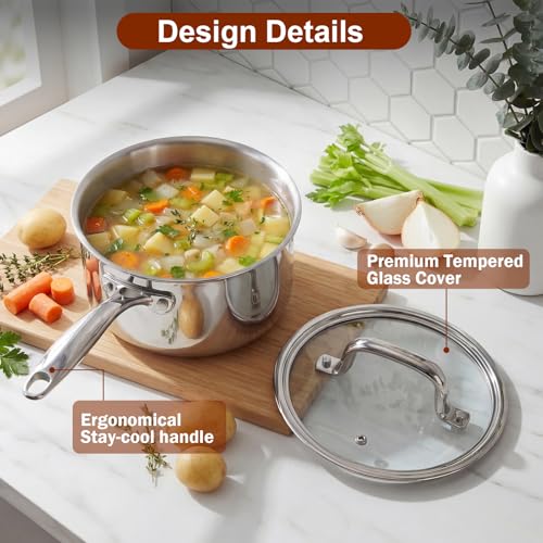 Image of Cook N Home 02679 Tri-Ply Clad Stainless Steel Sauce Pan with Lid, 2 Quart, Silver