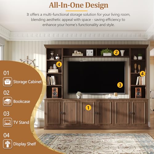 Image of JIJIWANG 97.4 inch Wall Unit Entertainment Center with Adjustable Shelves and Bookshelves, Extra Large TV Stand with Doors and Cabinet, Modern All-in-One TV Stand with Bridge for TVs Up to 70 inch Walnut