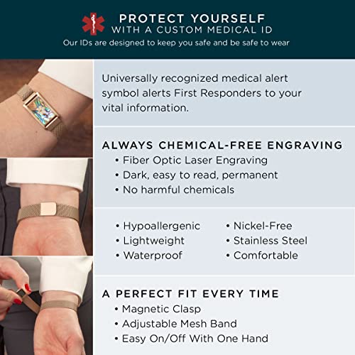 Medical Alert Bracelets for Women, Brushed Sandstone Gold Tone Stainless Steel Medical ID Bracelet, Custom Engraved With Important Medical Information, Fully Size Adjustable, Stylish, Durable and Waterproof Band, Lauren's Hope Medical ID2