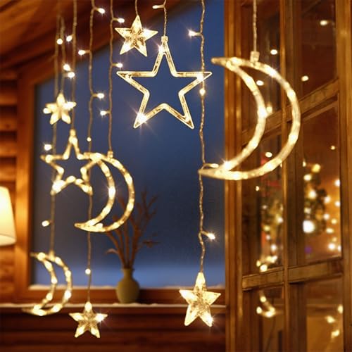 Moon and Stars Decor Curtain Lights 11.5ft String Lights for Bedroom Christmas Ramadan Decor Indoor LED Fairy Twinkle Light Battery Operated or USB Plug-in (Warm Yellow)