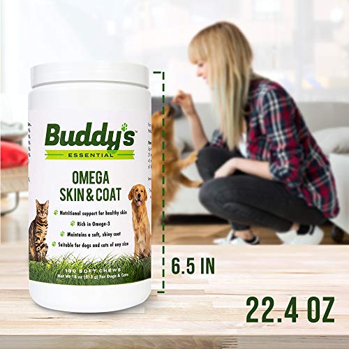 Buddy's Essential Dog And Cat Soft Chew Vitamin Supplement For Skin And Fur Coat Health Support- 180 Soft Chews- Rich In Salmon Oil Omega 3 And 6 Fatty Acids, Epa, Dha- Natural Taste, Made In Usa #TOP5