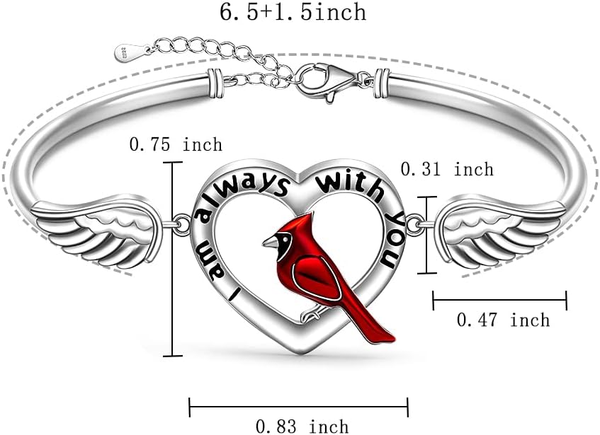 Fenthring Cardinal Bracelet S925 Sterling Silver Cross Heart Bracelets for Women Red Cardinal Appear When Angels are Near Memorial Sympathy Bangle Jewelry Charms Mothers Day Gifts