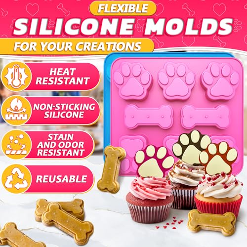 Image of 2 Pcs Dog Treat Molds Silicone, Bone & Paw Shapes, Non-Stick | Dog Molds for Frozen Treats; for Peanut Butter, Yogurt, Broth & Ice; Flexible; Oven, Freezer, Microwave & Dishwasher Safe