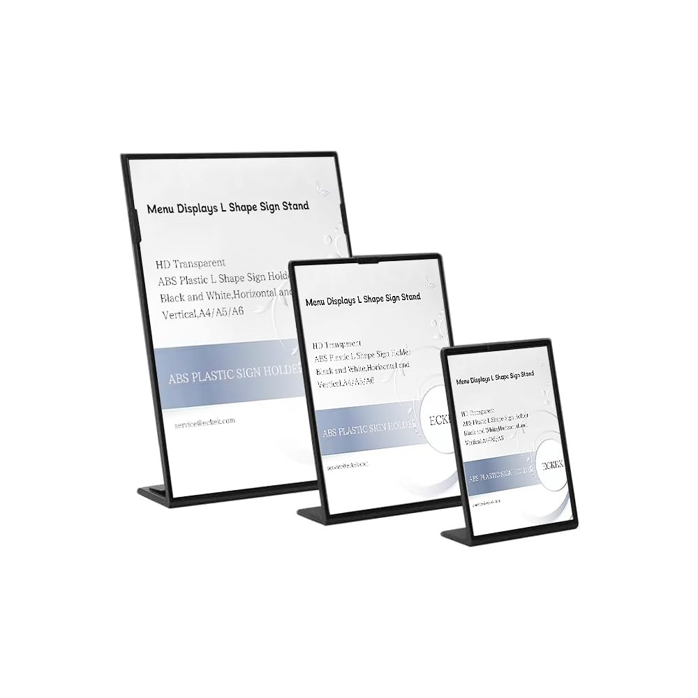 ECKEK ABS Plastic Sign Holder，Menu Displays L Shape Sign Stand (Vertical Black A4 210×297mm/8.27×11.69 inches)