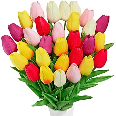 JIFTOK 30pcs Multicolor Fake Tulips Artificial Flowers for Decoration, Faux Flowers Silk Tulips Real Touch Flower Arrangement for Home Decor Indoor, Fake Flower Bulk for Thanksgiving Gift Vase Wedding Cover