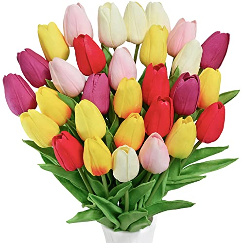 JIFTOK 30pcs Multicolor Fake Tulips Artificial Flowers...