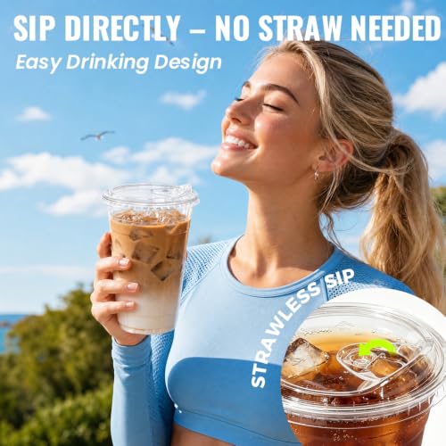 Image of Ginkgo 100 Pack 24 oz Clear Plastic Cups with Strawless Sip Lids