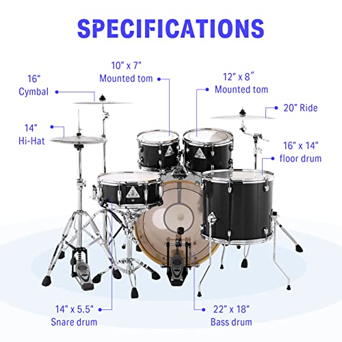 Donner Drum Set Adult with Practice Mute Pad,5-Piece 22 inch Full Size Acoustic Drum Kit, Black- DDS-520 - image 7