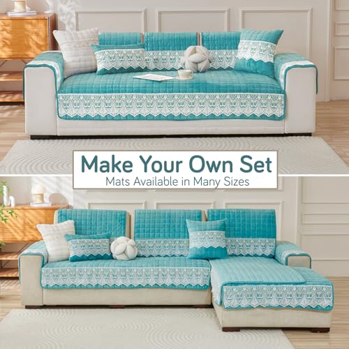 Image of HOKIPO 'BelleLace Series' Imperial Milk Velvet Sofa Cover Mat with Lace Design| Make Your Own Sofa Cover Set, Mat Length 90(D) x 60(L) cm, Teal (AR-5962-TEAL)