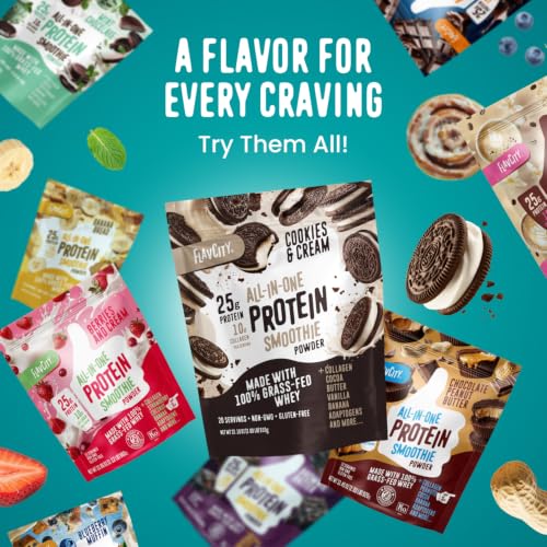 Image of FlavCity All in One Protein Shake Powder, Blueberry Muffin - On the Go Meal Alternative + Collagen Peptides, Reishi & Cordyceps - Focus, Skin, Hair & Joint Support - 100% Grass Fed Whey, 20 Servings