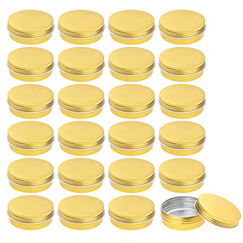 Foraineam 24 Pack 2 oz Round Aluminum Lip Balm Tin Cans with Screw Top Lids - Golden Cosmetic Sample Containers - Metal Empty Tins Travel Storage Tin Jars for Salve, Spice or Crafts