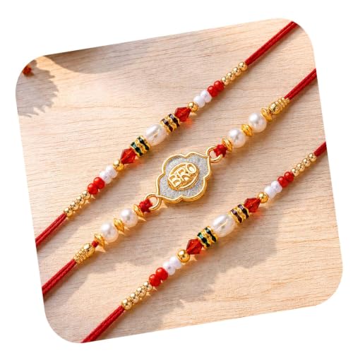 Image of Peora CZ Pearl & Crystals Studded Thread Rakhi for Brother Bhaiya | Combo Set of 3 | Raksha Bandhan Hamper with Roli Chawal & Greeting Card