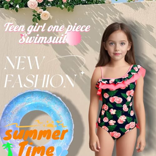 Girls Lemon Double Ruffle One Shoulder Adjustable Swimwear Fashionable One Piece Bathing Suit(5y-16y)2