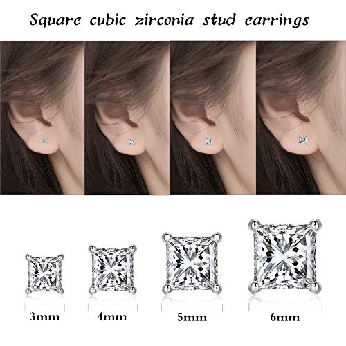 4 Pairs 925 Sterling Silver Princess Cut Cubic Zirconia Stud Earrings Set | Small Cartilage CZ Hypoallergenic Tragus Piercing Earrings for Women Men 3mm 4mm 5mm 6mm2