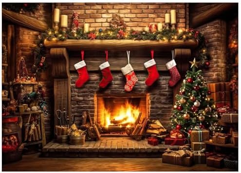 Amazon.com : AIIKES 7x5ft Retro Christmas Fireplace Backdrop Winter ...