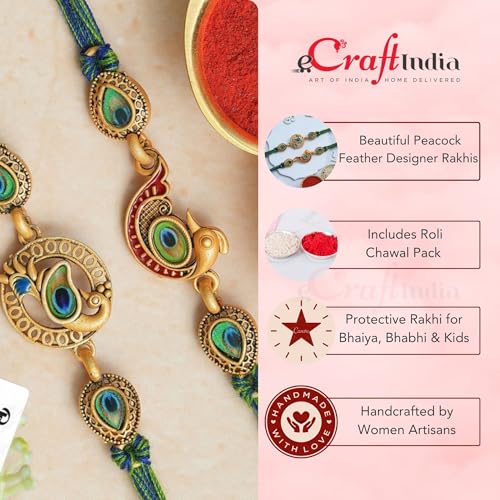 Image of eCraftIndia Beautiful Peacock Feather Designer Rakhi Set of 2 | Rakhi for Brother Bhaiya Bhai with Best Bro Ever Fridge Magnet | Roli Chawal Pack