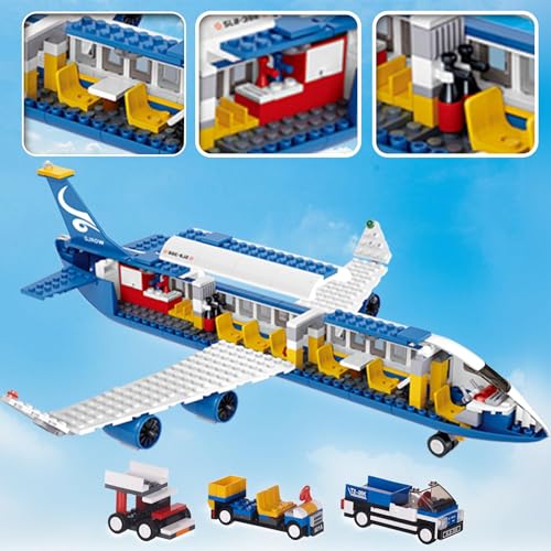 Image of SKY LINE OCEAN Passenger Airplane Building Set, Airport Playset with Shuttle Bus, Luggage Truck, Boarding Stairs, and 7 Minifigures, STEM Toy for Kids Aged 6-12 || 2 Years Warranty || (463+ Pieces)