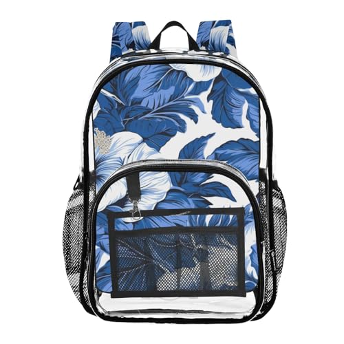 Blue White Flowers Clear Backpack, PVC Transparent Bag with Large Capacity for Boys, Girls, Men, Women, See Through Bookbag for School Work College Travel