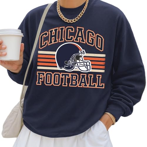 DAYLEA Distressed Chicago Football Sweatshirt Vintage Helmet Graphic Pullover Navy