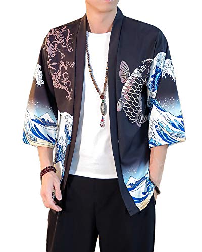 Image of PRIJOUHE Men's Lightweight Kimono Jacket Seven Sleeve Open Front Cardigan Coat Japanese Style Bathrobe